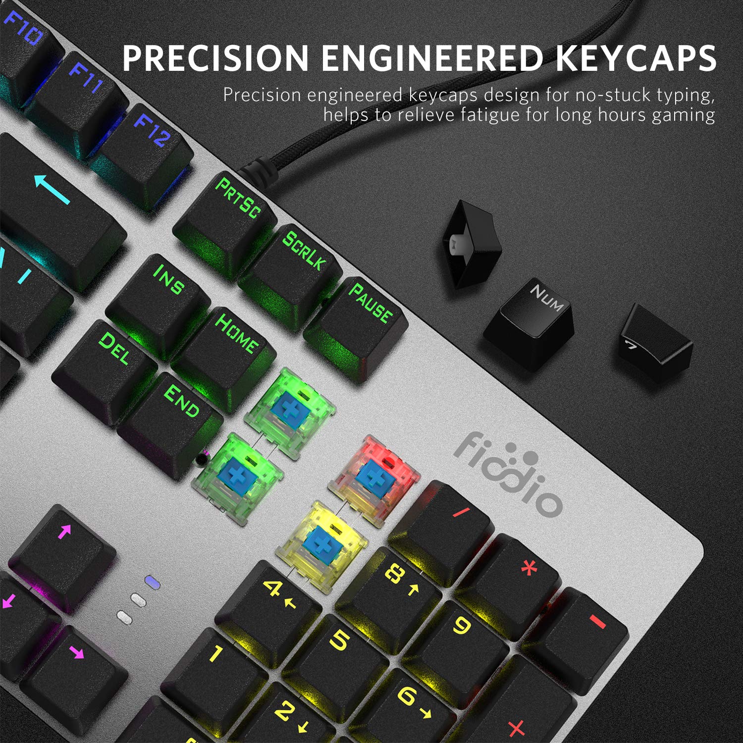 Fiodio Mechanical Gaming Keyboard, Fantastic LED Rainbow Backlit Wired Keyboard, Full Anti-Ghosting Keys, with Quick-Response Blue Switches and Multimedia Control for PC and Desktop Computer