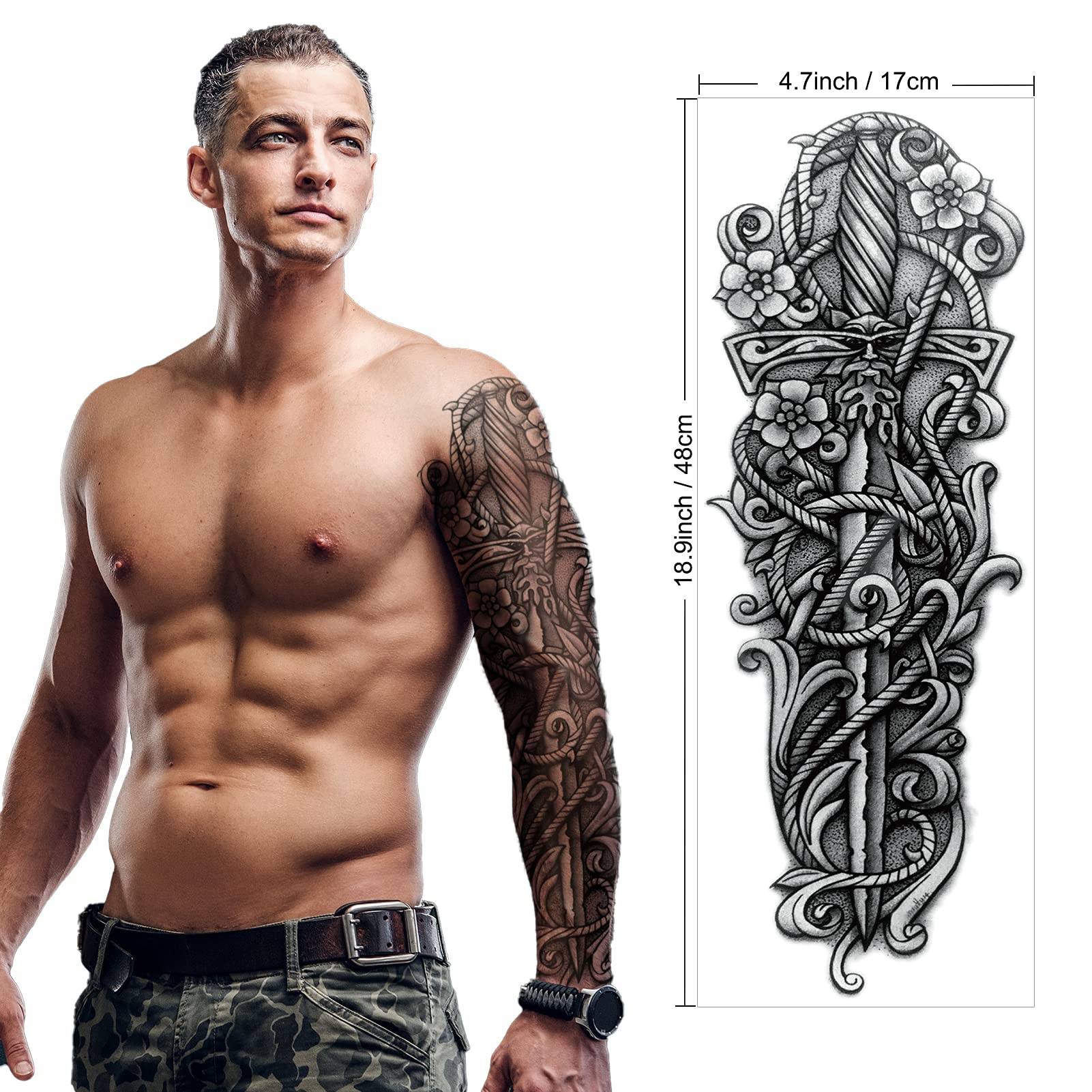 Full Arm Temporary Tattoo (18 Sheets), Konsait Extra Temporary Sleeve Tattoo Black Waterproof Tattoo Body Stickers for Man Women