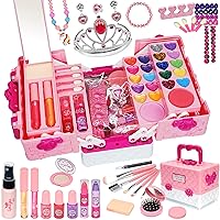 Kids Makeup Kit for Girl - 57 PCS Safe and Washable Makeup for Kids, Real Girls Makeup Kit, Toddler Makeup Kit with Cosmetic Case, Girls Toys Age 4-12, Princess Toys for Girls (Pink)