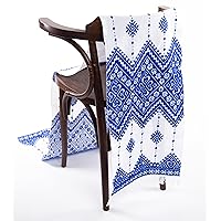 Ukrainian RUSHNYK Hand Embroidered Towel White Blue Wedding Decor 190 x 33 cm