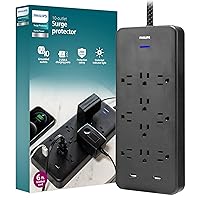 Philips EZFit 10-Outlet Surge Protector Power Strip, 6 Ft Braided Extension Cord, 2 USB Ports, Widely Spaced Outlets, Flat Plug, for Home Office Dorm Essentials, 2880 Joules, Black, SPP3403B/37