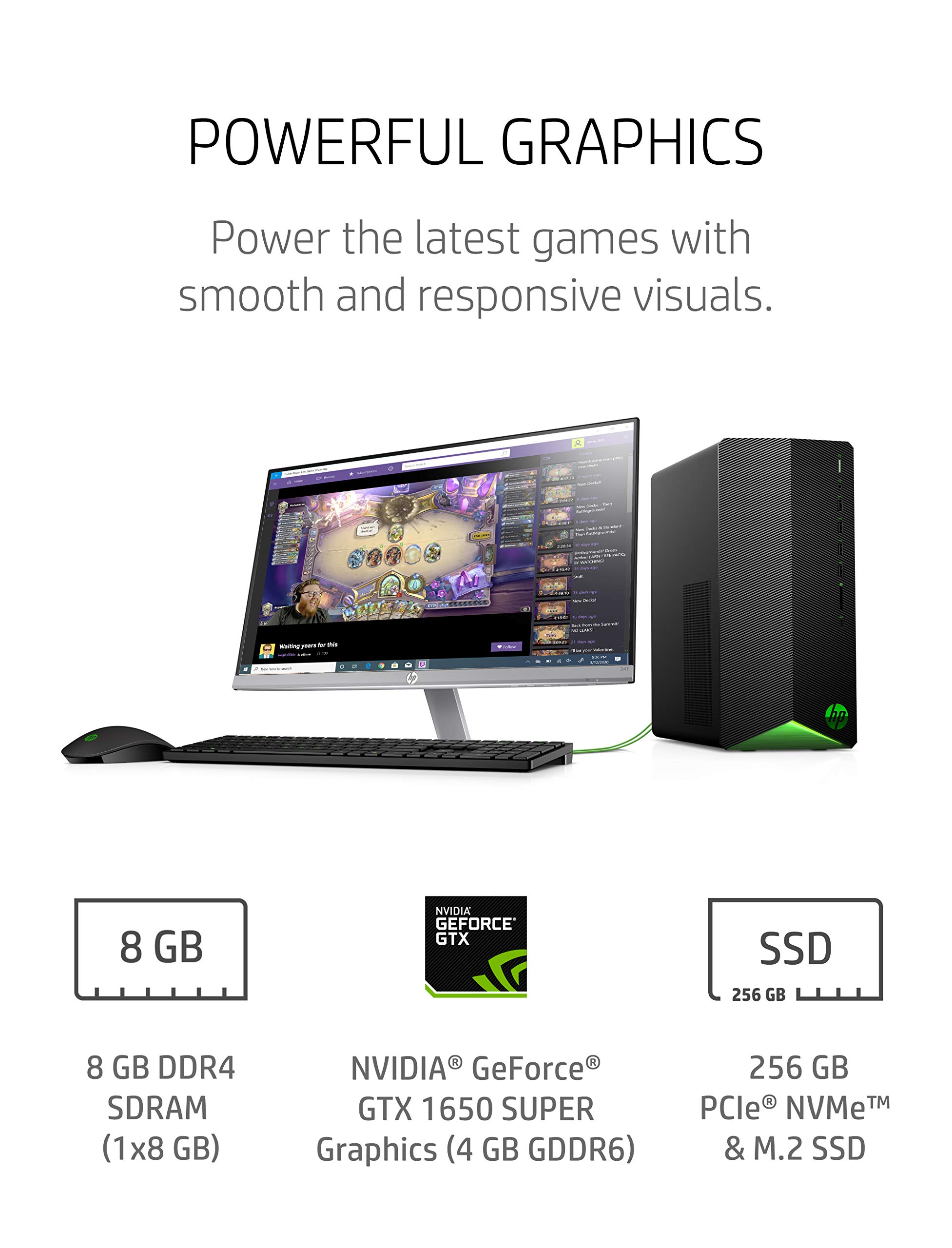 HP Pavilion Gaming Desktop, NVIDIA GeForce GTX 1650 SUPER, Intel Core i3-10100, 8 GB DDR4 RAM, 256 GB PCIe NVMe SSD, Windows 11, USB Mouse and Keyboard, Compact Tower Design (TG01-1022, 2020)