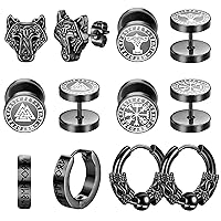 Dochais 6Pairs Mens Earrings Norse Viking Earrings for Men, Stainless Steel Stud Earrings, Vintage Huggie Hoop Earrings Mens Viking Divination Earrings