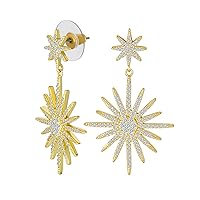 Classic Cocktail Fashion Statement Pave CZ Long Linear Dangling Starburst Celestial Sunburst Teardrop Chandelier Earrings For Women Wedding Prom Yellow Gold Plated