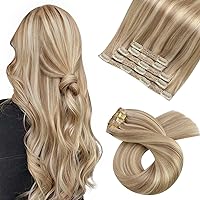Moresoo Clip in Hair Extensions Human Hair Dark Ash Blonde with Golden Blonde Real Hair Extensions Clip in Human Hair Blonde Highlight 2packs 12inch+14inch