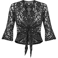 WearAll Women's Plus Size Sequin Lace Tie Up Ladies 3/4 Bell Sleeve Crochet Party Top - Black - US 16-18 (UK 20-22)