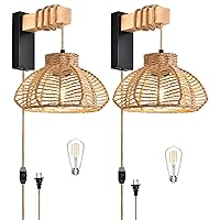 Plug in Wall Sconces Set of Two Rattan Wall Sconce Woven Boho Wall Lamp with Plug in Cord Wall Sconces Decor Hanging Lamps That Plug Into Wall Outlet Rustic Wall Light Lamp for Living Room Bedroom