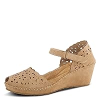PATRIZIA Spring Step Gennina Wedge Sandals for Womens - Laser Cut Ladies Sandals with Embroidery - Hook and Loop Closure Womens Sandals