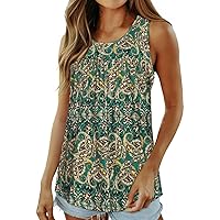 Ethnic Style Floral Tank Tops Women Boat Neck Sleeveless Tunic Shirt Summer Casual Loose Fit Beach Vacation Blouses
