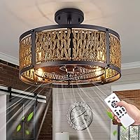 16 Inch Farmhouse Ceiling Fan with Light Remote, Rattan Bladeless Ceiling Fan, Enclosed Caged Ceiling Fan, 6 Wind Speed, Timing Setting, Low Profile Ceiling Fan for Bedroom Living Room Study