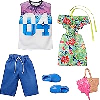 Barbie Ken Fashions 2-Pack Clothing Set, 1 Outfit & Accessory for Barbie Doll: Tropical Dress & Tote; 1 Outfit & Accessory for Ken Doll: Jersey & Board Shorts, Gift for Kids 3 to 8 Years Old