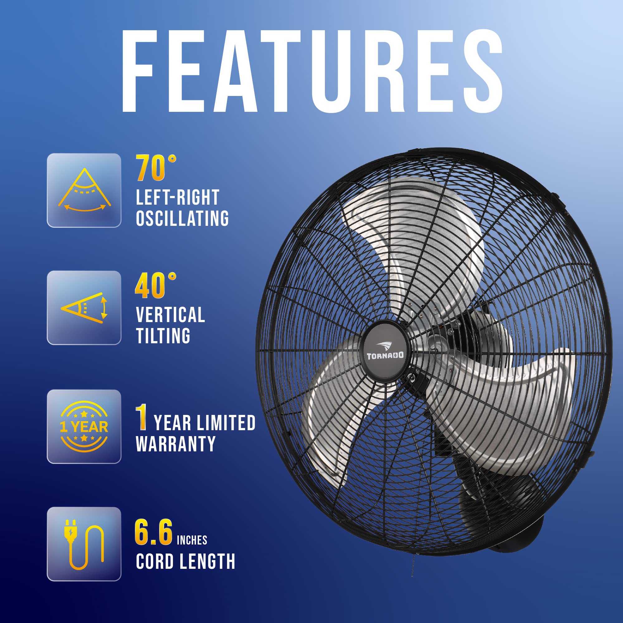 Tornado 20 Inch Pro Series High Velocity Oscillating Wall Mount Fan For Industrial, Commercial, Residential Use 3 Speed 5250 CFM UL Safety Listed