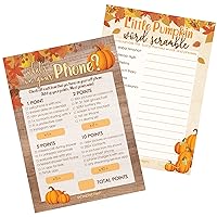 DISTINCTIVS Rustic Fall Little Pumpkin Baby Shower - What's On Your Phone and Word Scramble (2 Game Bundle) - 20 Dual Sided Cards