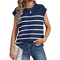 LEANI Women's Cap Sleeve Sweater Vest Striped Casual Sleeveless Crewneck Knit Pullover Tank Tops 2024 Spring Clothes