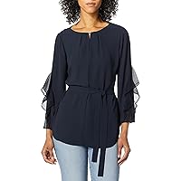 HALSTON Women's Long Flowy Sleeves Top with Sash