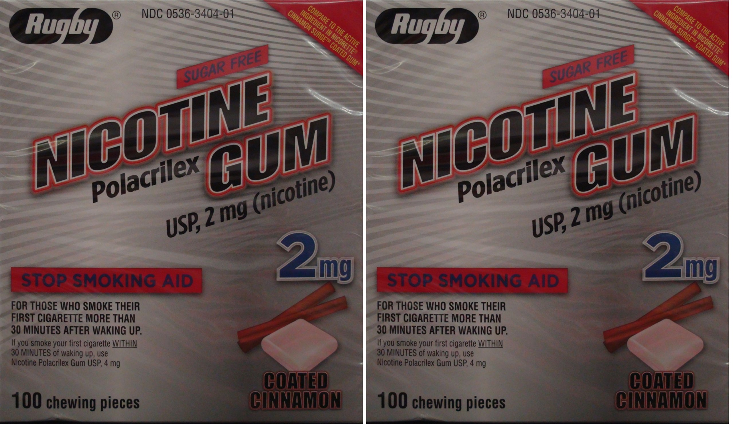 Nicotine Gum 2mg Sugar Free Coated Cinnamon Generic for Nicorette 100 Pieces per Box Pack of 2 Total 200 Pieces