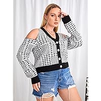 Plus Size Cardigan for Women Plus Houndstooth Pattern Cold Shoulder Cardigan Cardigan for Women (Color : Black and White, Size : XX-Large)