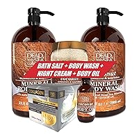 Dead Sea Collection Coconut- Body Wash and Bath Salts and Body Oil and Collagen Anti-Wrinkle Night Cream, BUNDLE