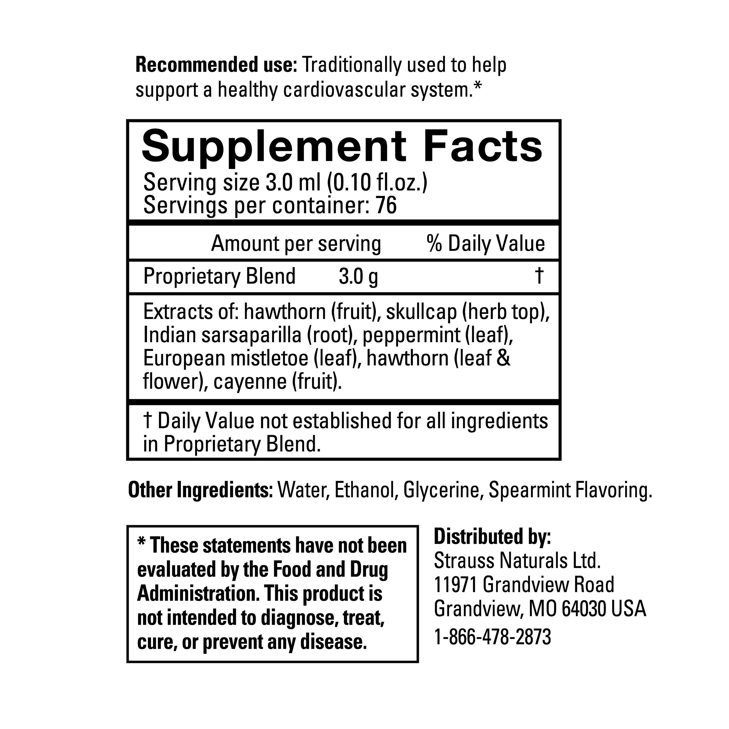 Strauss Naturals Cardio Support Drops, Natural Herbal Supplement to Support The Cardiovascular System, Non-GMO, Gluten-Free, Soy Free, 7.6 fl oz.