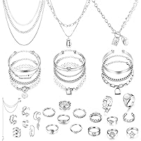 JeryWe 35 Pcs Gold/Silver Plated Jewelry Set with 3 Pcs Pendant Necklace 11 Pcs Layered Bracelet 7 Pcs Ear Cuffs Earring 14 Pcs Knuckle Rings for Women Birthday Friendship Gift