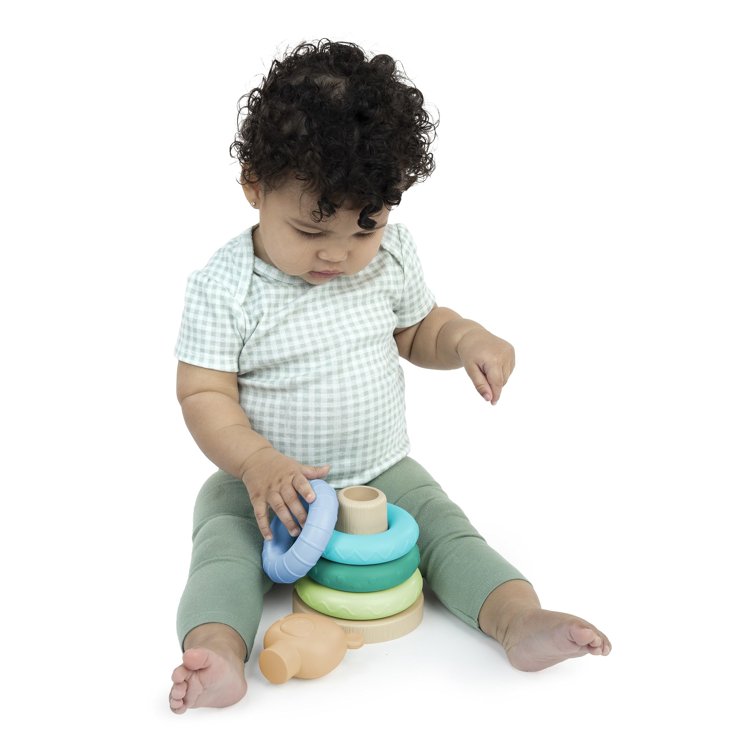 ity by Ingenuity Cutie Stacks, 4 BPA-Free Rings, Faux Wood Stand, Bear Topper, Unisex, for Ages 6 Months and Up - Nate