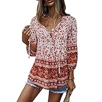 KAYWIDE Women's Casual Boho V Neck Top Loose Floral Printed Long Sleeve Beach Shirts Blouses