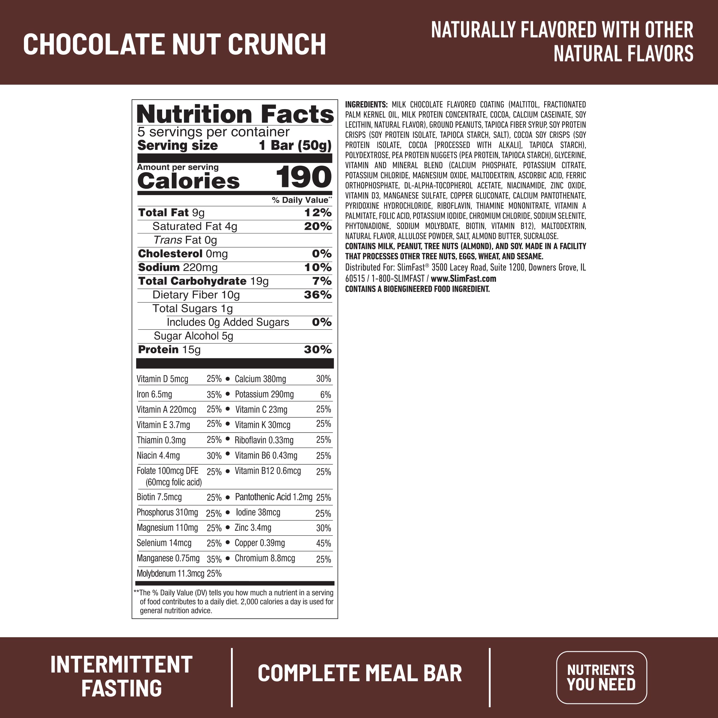 SlimFast Intermittent Fasting- Complete Meal Protein Bars, Chocolate Nut Crunch, 5 Bars (Pack of 1)