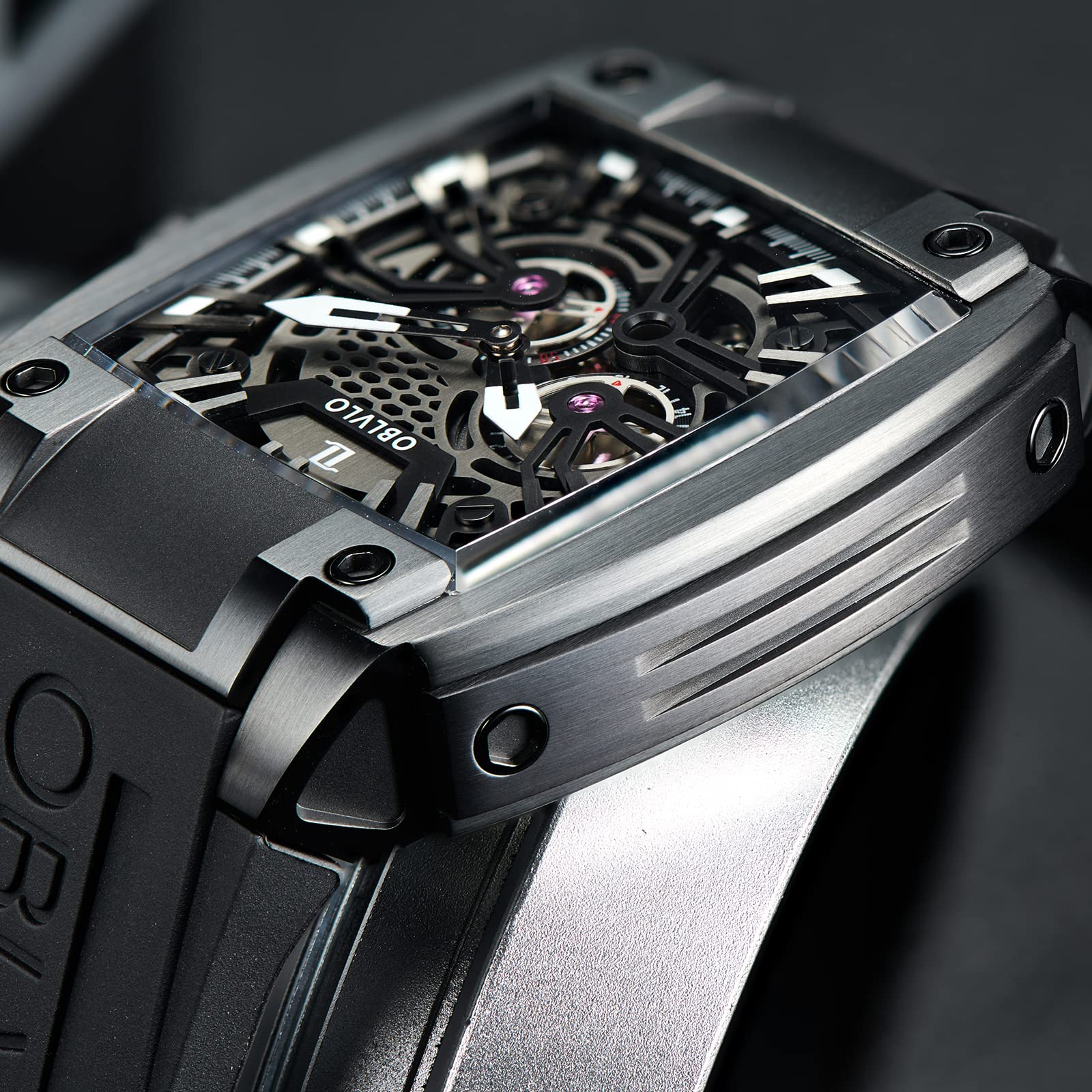 OBLVLO Herren Super Luminous Automatik Uhren Sport Luxus Uhr Quadratische Skelett Mechanische Gummi Armband Uhren GM