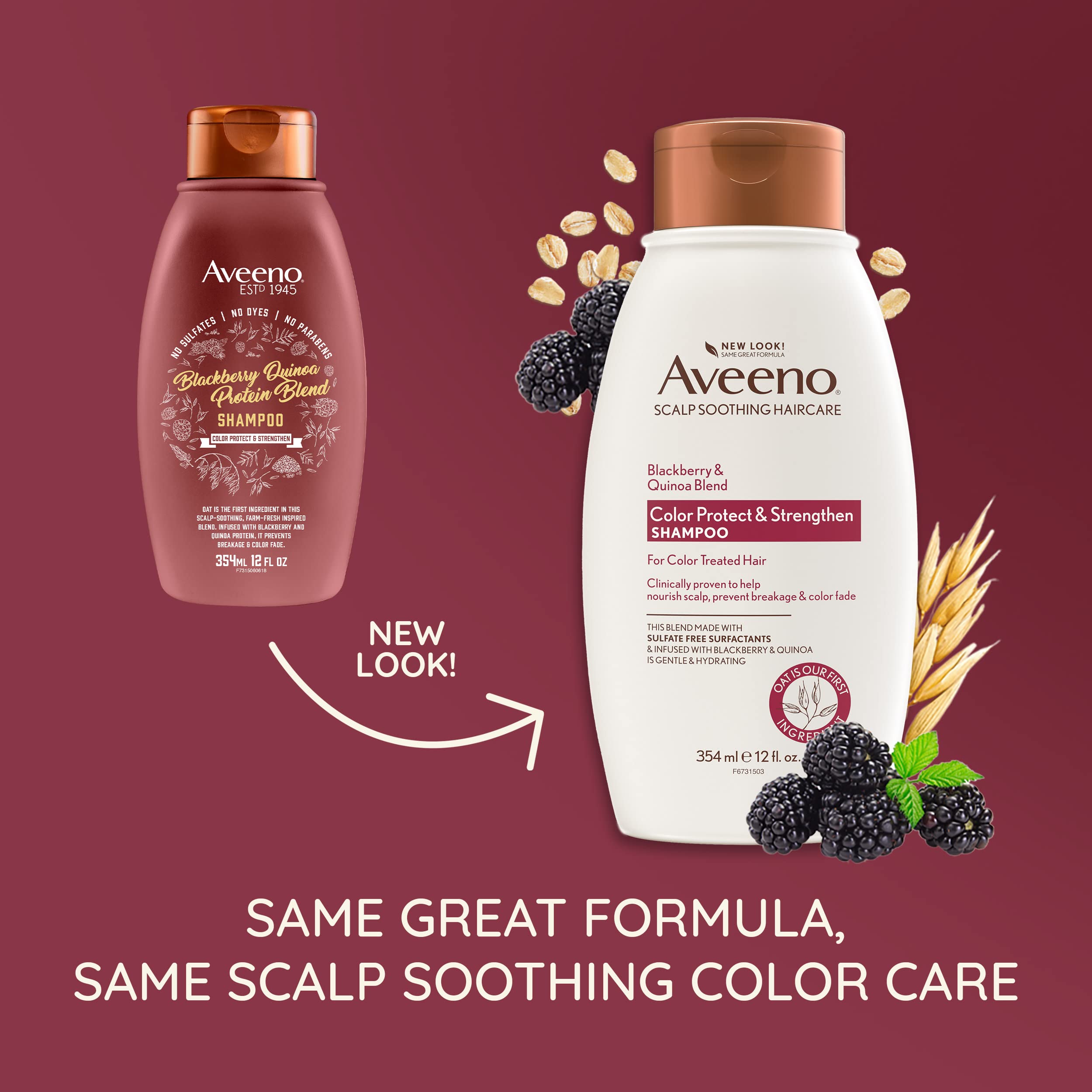 Aveeno Blackberry Quinoa Protein Blend Sulfate-Free Shampoo for Color-Treated Hair Protection, Daily Strengthening & Moisturizing Shampoo, Paraben & Dye-Free, 12 Fl Oz