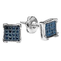 Dazzlingrock Collection Round Blue Diamond Mini Square Shape Unisex Stud Earrings for Women (0.05 ctw, Color Blue, Clarity I2-I3) in 925 Sterling Silver in Screw Back