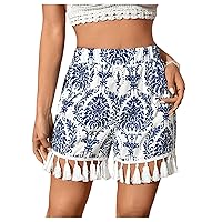 Milumia Women's Floral Tassel Trim Shorts High Waist Wide Leg Loose Mini Shorts