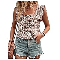 SOLY HUX Women's Ruffle Cap Sleeve Shirts Square Neck Summer Blouse Summer Floral Graphic Tops
