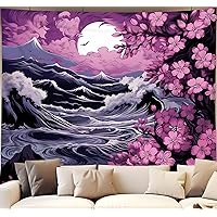 QGHOT Japanese Tapestry for Bedroom Aesthetic, Asian Cherry Blossom Landscape Tapestry Wall Hanging, Ocean Nature Scenery Wave Wall Tapestry for Living Room Office Dorm Asia Art Decor (A,Large(80x60