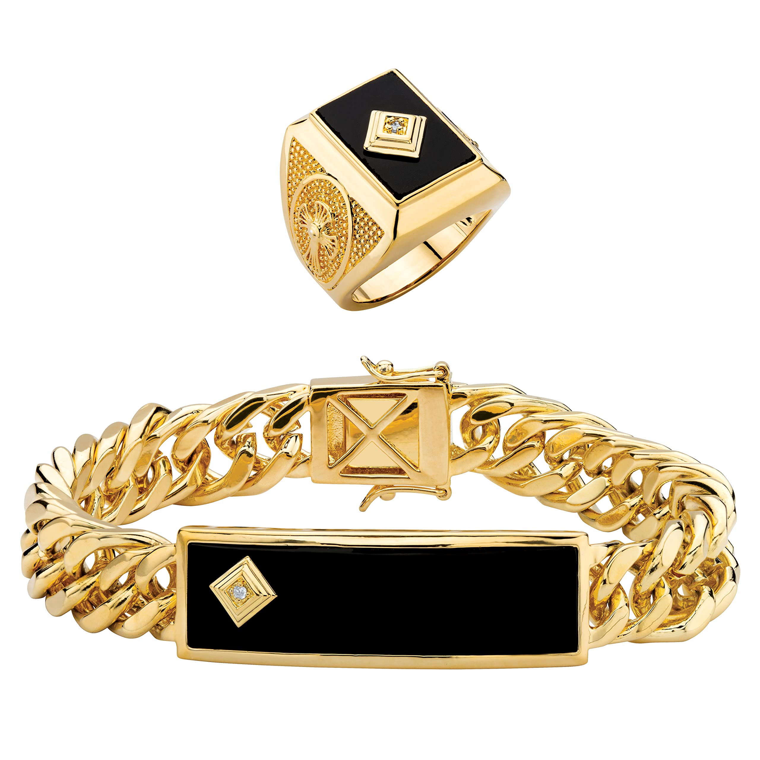 Men's Genuine Black Onyx and Diamond Accent Gold-Plated Ring and Bracelet Set 8