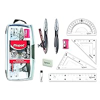 Maped Study Geometry 10 Piece Set, Includes 2 Metal Study Compasses, 2 Triangles, 6 Ruler, 4 Protractor, Pencil for Compass, Pencil Sharpener, Eraser, Lead Refill (897010)