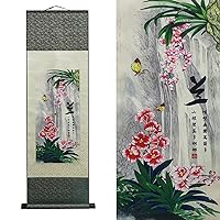 AtfArt Asian Wall Decor Beautiful Silk Scroll Painting 4 Righteous Men Flowers - Plum Orchid Bamboo Chrysanthemum Oriental Decor Chinese Art Wall Scroll Hanging Painting Scroll (Orchid)