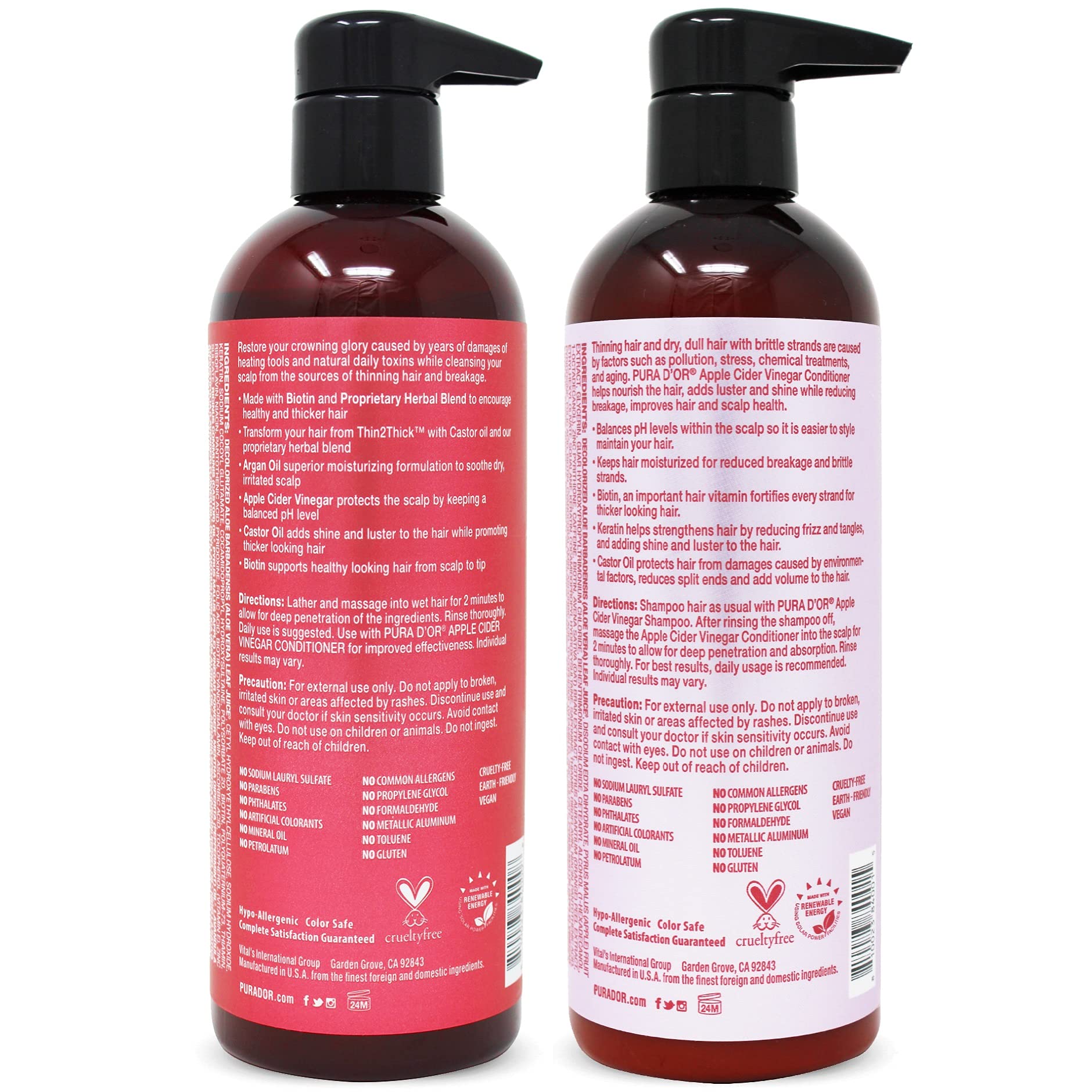 PURA D'OR Apple Cider Vinegar Thin2Thick Set (16oz x 2) ACV Shampoo & Conditioner, Clarifying, Detox - Biotin, Keratin, Caffeine, Castor Oil, Aloe - All Hair Types, Men & Women (Packaging may vary)