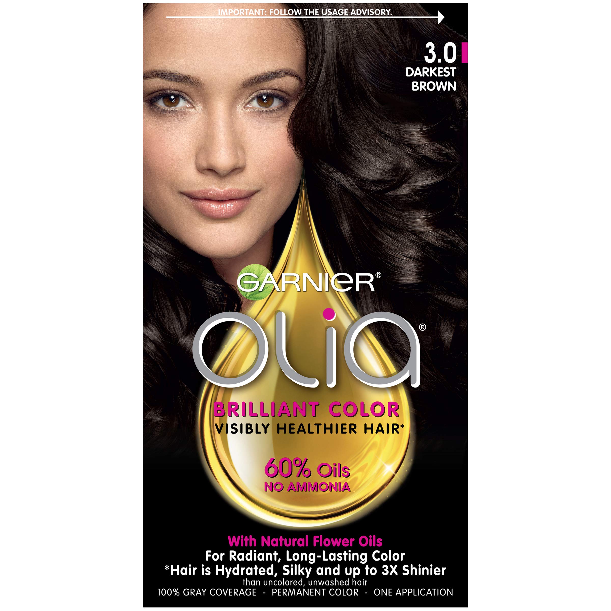 Garnier Olia Ammonia Free Permanent Hair Color, 100% Gray Coverage (Packaging May Vary), 3.0 Darkest Brown Hair Dye, Pack of 1