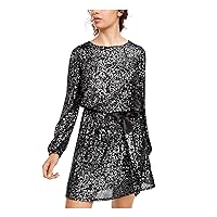 Womens Black Sequined Belted Long Sleeve Jewel Neck Short Evening Fit + Flare Dress Juniors XS