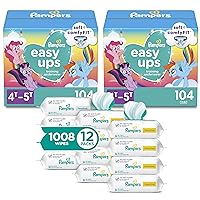 Pampers Easy Ups Pull On Training Underwear Girls, 4T-5T, 2 Month Supply (2 x 104 Count) with Sensitive Water Based Baby Wipes 12X Multi Pack Pop-Top and Refill (1008 Count)