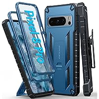 FNTCASE for Google Pixel 8 Pro Case: Built-in Screen Protector & Kickstand & Belt-Clip Holster, Extra Front Frame, Full-Body Dual Layer Rugged Military Shockproof Cell Phone Protective Cover- Blue