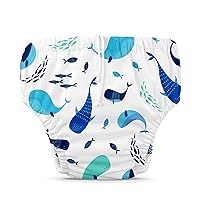Charlie Banana Reusable Swim Diaper, Washable, Adjustable Drawstring for Baby Girls Boys, Soft and Snug Waterproof Fit to Prevent Leaks - The Whale on White, Size L (22-34 lbs)