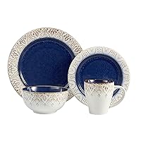 American Atelier Granada 16-Piece Stoneware Dinnerware Set - Blue New