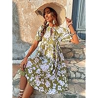 Women's Dress Floral Print Puff Sleeve Tie Neck Smock Dress Dress for Women (Color : Olive Green, Size : Large)