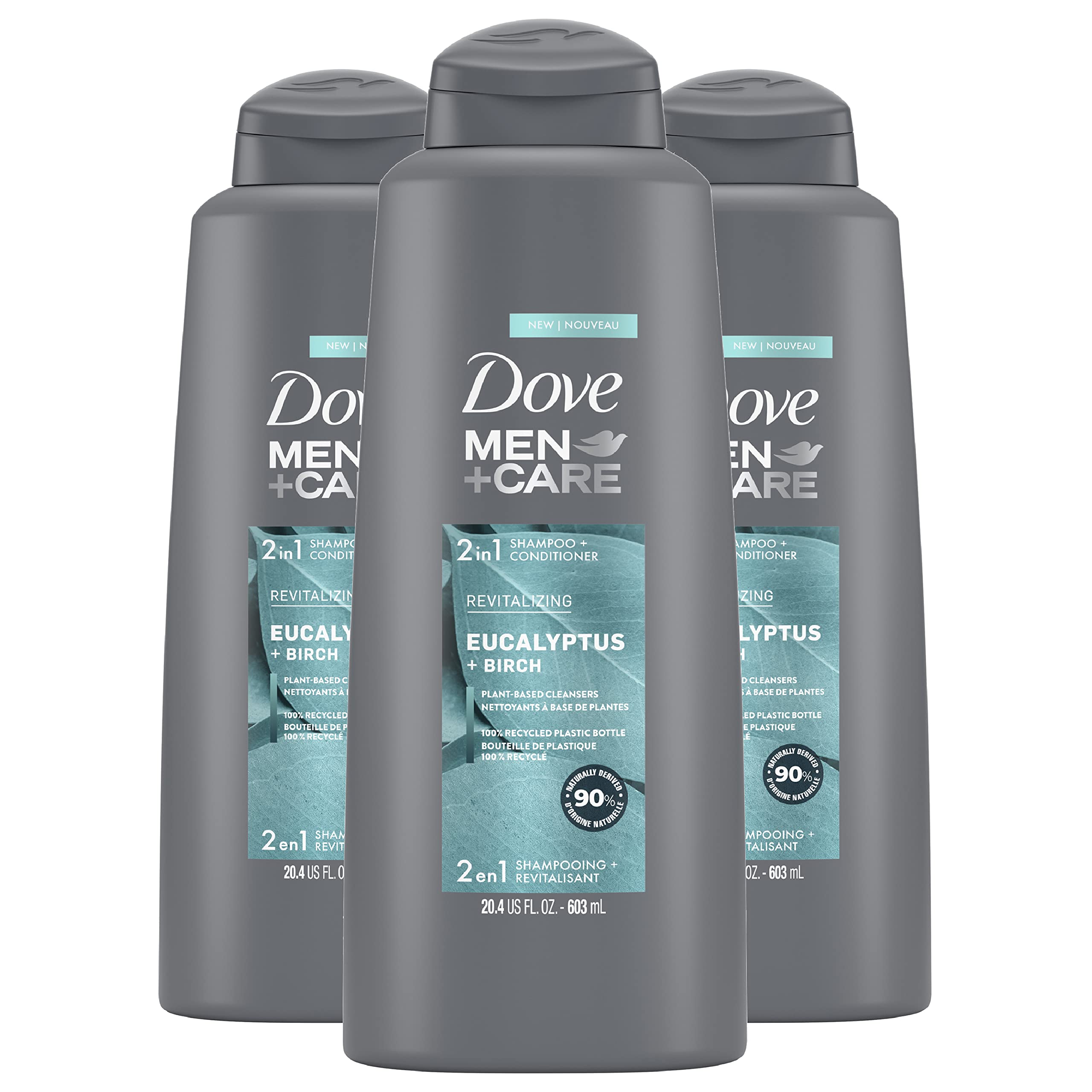 DOVE MEN + CARE 2 in 1 Shampoo Conditioner For Healthy-Looking Hair Eucalyptus + Birch Naturally Derived Plant Based Cleansers, 20.4 Fl Oz (Pack of 3)