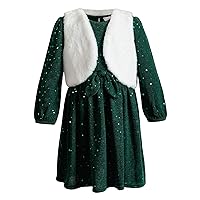 Girls' One Size Long Sleeve All Over Foil Dot Dress with Faux Fur Vest