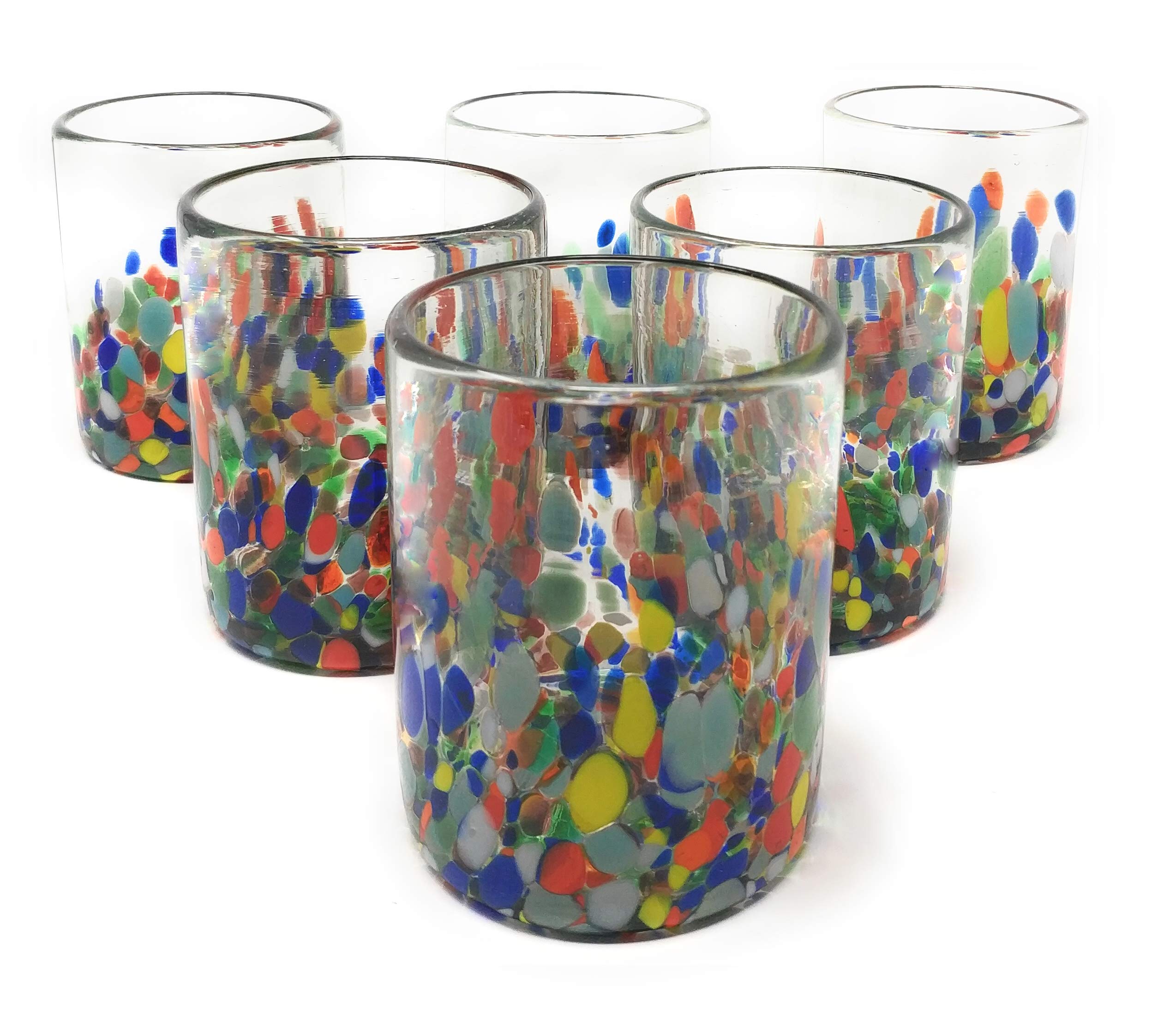 Hand Blown Mexican Drinking Glasses – Set of 6 Confetti Carmen Tumbler Glasses (10 oz each)