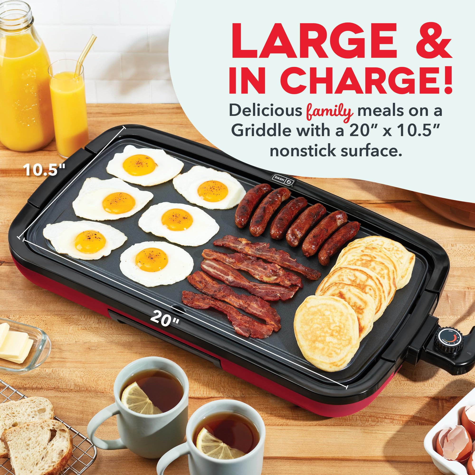 DASH Deluxe Everyday Electric Griddle with Dishwasher Safe Removable Nonstick Cooking Plate for Pancakes, Burgers, Eggs and more, Includes Drip Tray + Recipe Book, 20” x 10.5”, 1500-Watt - Red