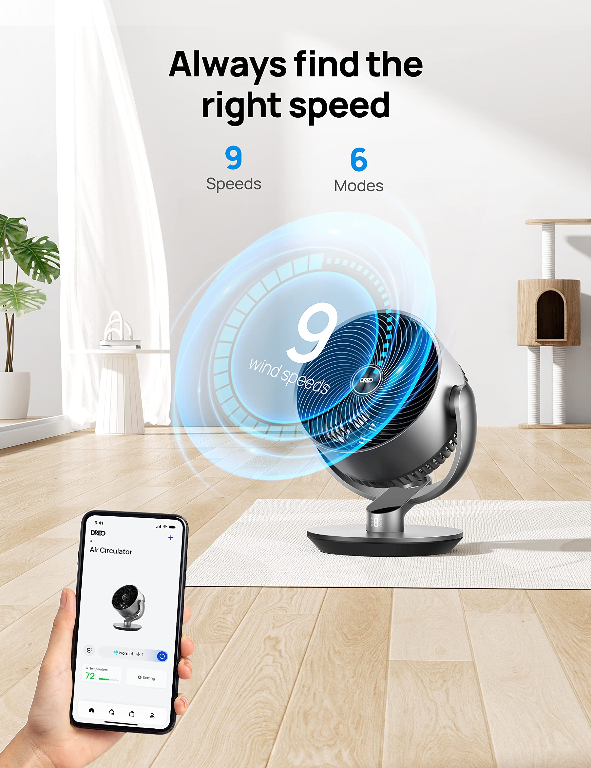 Dreo Smart Fans for Bedroom, 11 Inch, 25dB Quiet DC Room Fan with Remote, 120°+90° Oscillating Fan, 6 Modes, 9 Speeds, 12H Timer,Works Alexa/Google/WiFi/Voice Control, Silver, Oversize (DR-HAF004S)