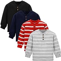 Cooraby 4 Packs Toddler Long Sleeve Shirt Boy Striped Tee Shirt with Pocket Soft Cotton T-Shirt